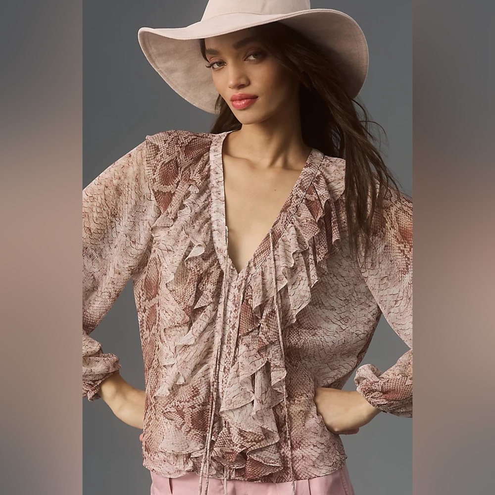 Anthropologie Snake Print Ruffled V Neck Long Sleeve Top Blouse Size S